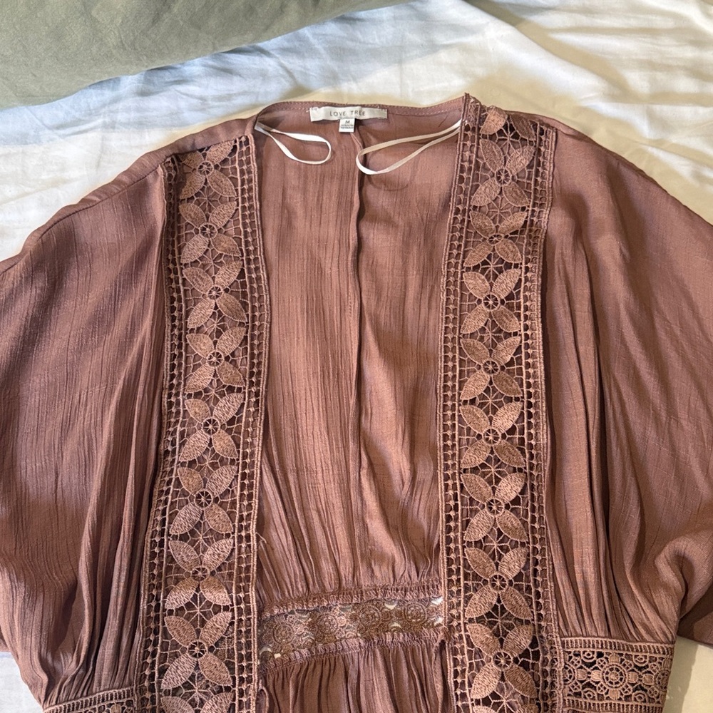 Love Tree Dusty Mauve Crochet-Trim Open Cardigan